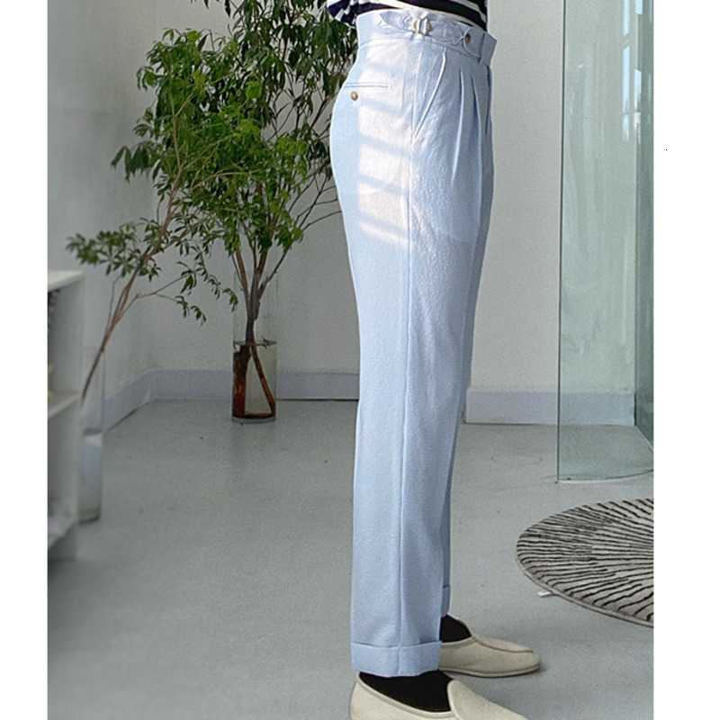 Men's Pants Spring Seersucker High Waist Straight British Petty Bourgeoisie Blue Stripe Italian Casual Trousers Men Pantalones Hombre 230307