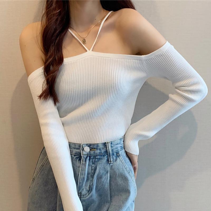 Womens Sweaters Harteen Stylish Slim Without Shoulder Crop Sweater Long Sleeve Female Chic Knitted Short Tops Soild All-match Girl TopWomen