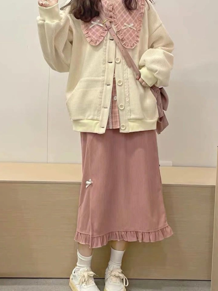 Skirts HOUZHOU Kawaii Pink Corduroy Long Skirt Women Japanese Fashion Cute High Waist Split Bow Straight Midi Skirt for Girls Autumn 230308