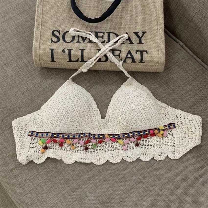 Knitted Hollow Vest Women's Loose Sleeveless Beaded Short Sling Sexy Beach Lace Bikini Women, White