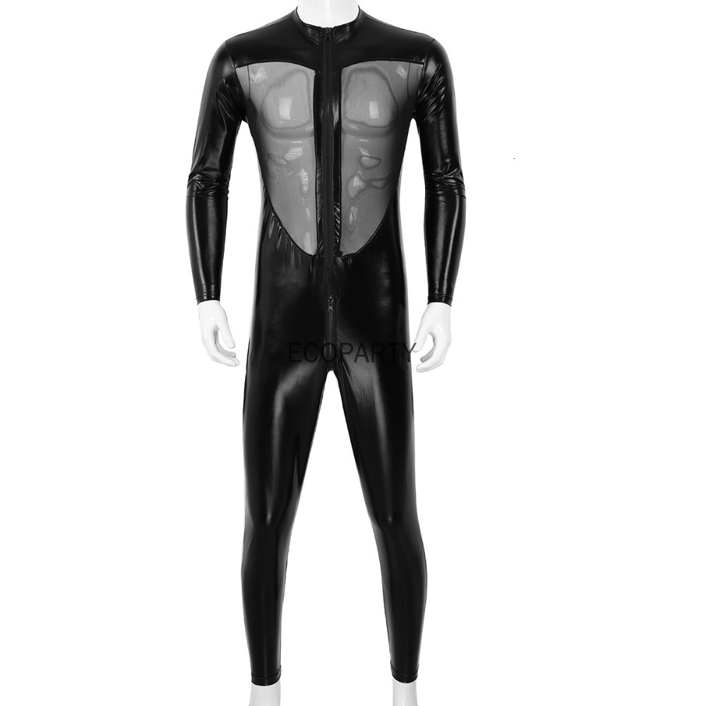 Sexy Set Men Faux Leather Stretch Catsuit Transparent Mesh Zipper Open Crotch Erotic Tight PVC Bodysuit Clubwear Fetish Costumes 230307