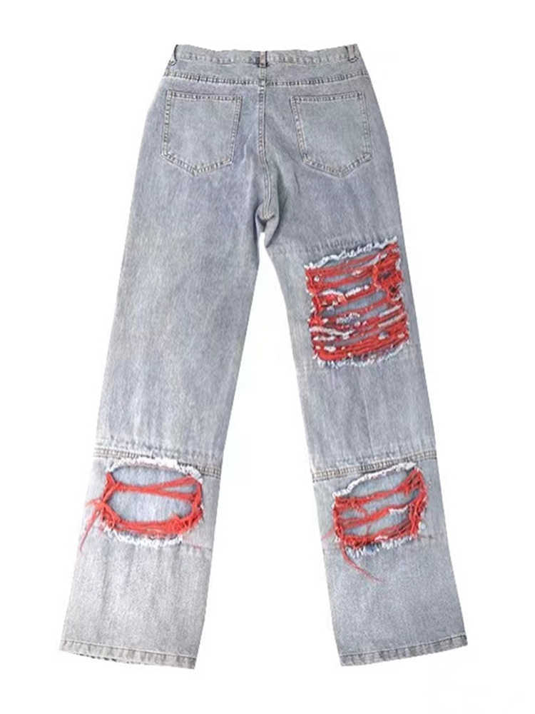 Men's Jeans HOUZHOU Y2K Ripped Patchwear Distressed Jeans Pants Men Hip Hop Punk Goth Red Denim Trousers Male Vintage Japanese Streetwear Z0301