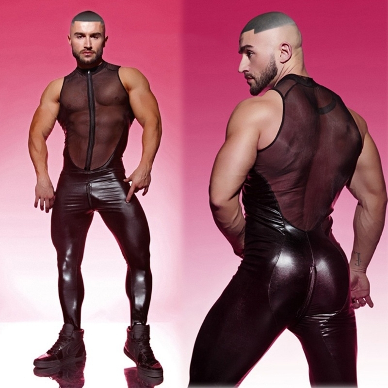 Sexy Set Men Mesh Top Stitching Leather Jumpsuit Tight Zentai suits for See through Club Wear 230307