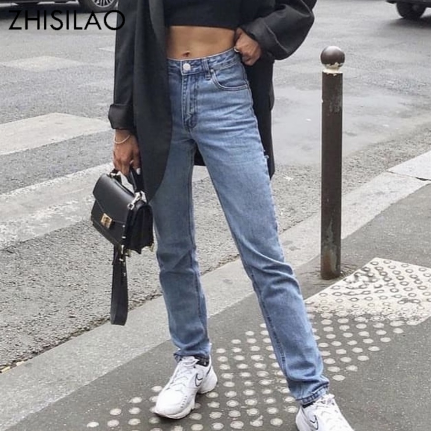 Women's Jeans ZHISILAO Boyfriend Straight Cut High Waist Jeans Women Vintage Blue Washes Loose Longer Denim Pants Streetwear 230308