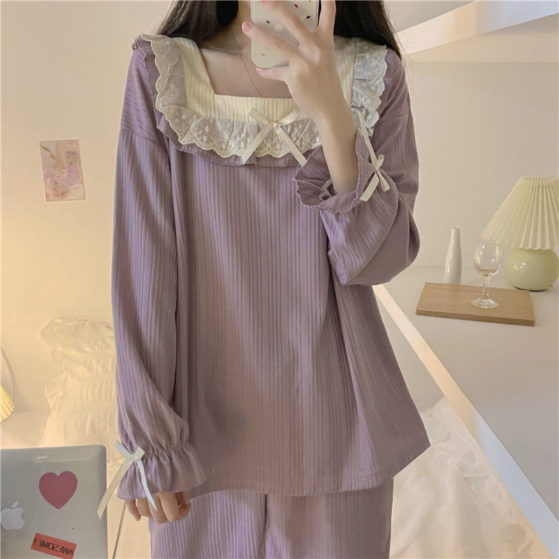 Women's Sleepwear Women Pajama Sets Autumn Lace Square Collar Sleepwear Princess Long Sleeve Ruffles Pyjamas Lounge Student Sweet Outwear Two Pcs