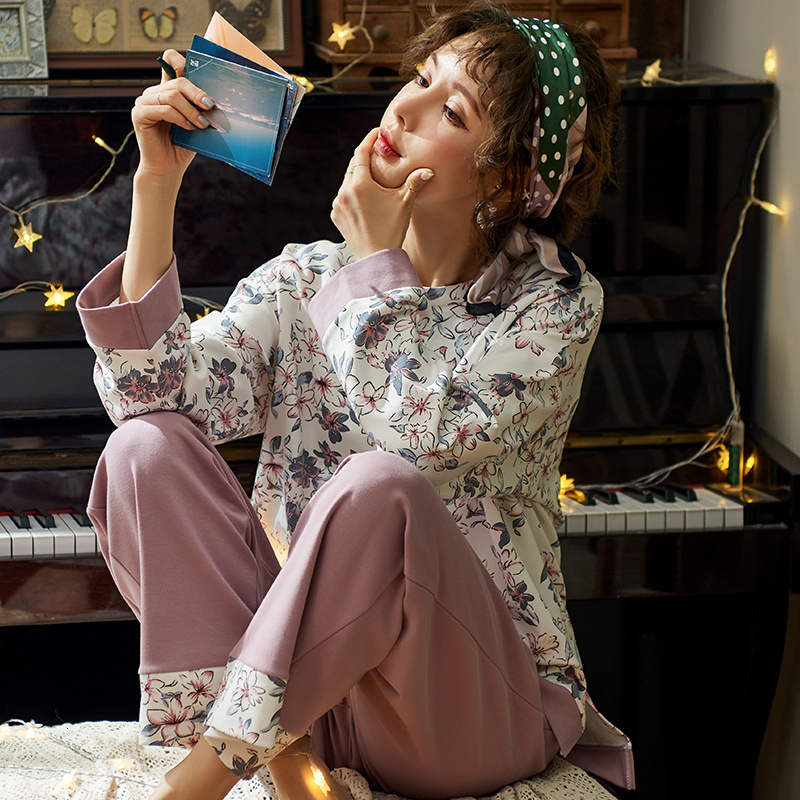 Women's Sleepwear Autumn 100%Cotton Women Pajamas Long Sleeve Women's Pajama Set Print M-5XL Pijama Long TopsLong Pants Two Piece Set Pyjama