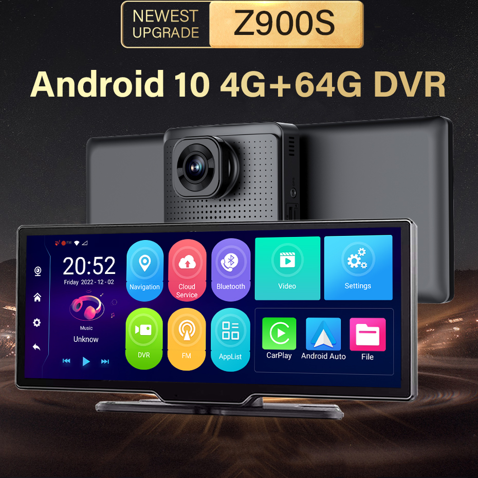 DVD de voiture avec tableau de bord Z900S Android 10 Carplay Android Auto GPS WiFi 1080p FHD 4G Dash Camera Review Mirror Dashcam Recorder