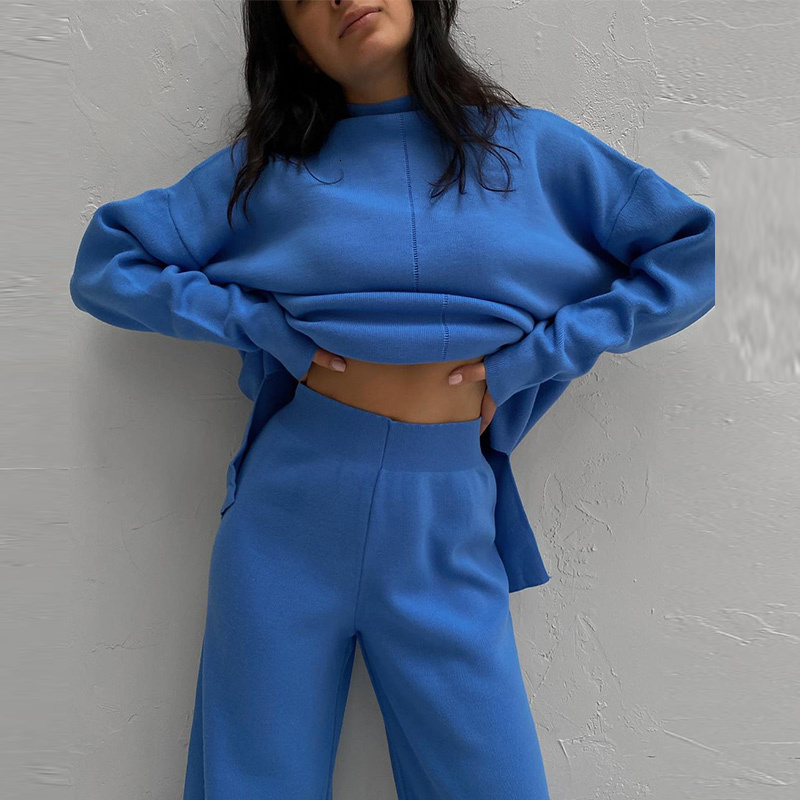 Women's Two Piece Pants Knitted Women Pants Sets Autumn Winter Fashion Casual Female Solid 2 Piece Pant Outfits Long Sleeve Top And Wide Leg Pant