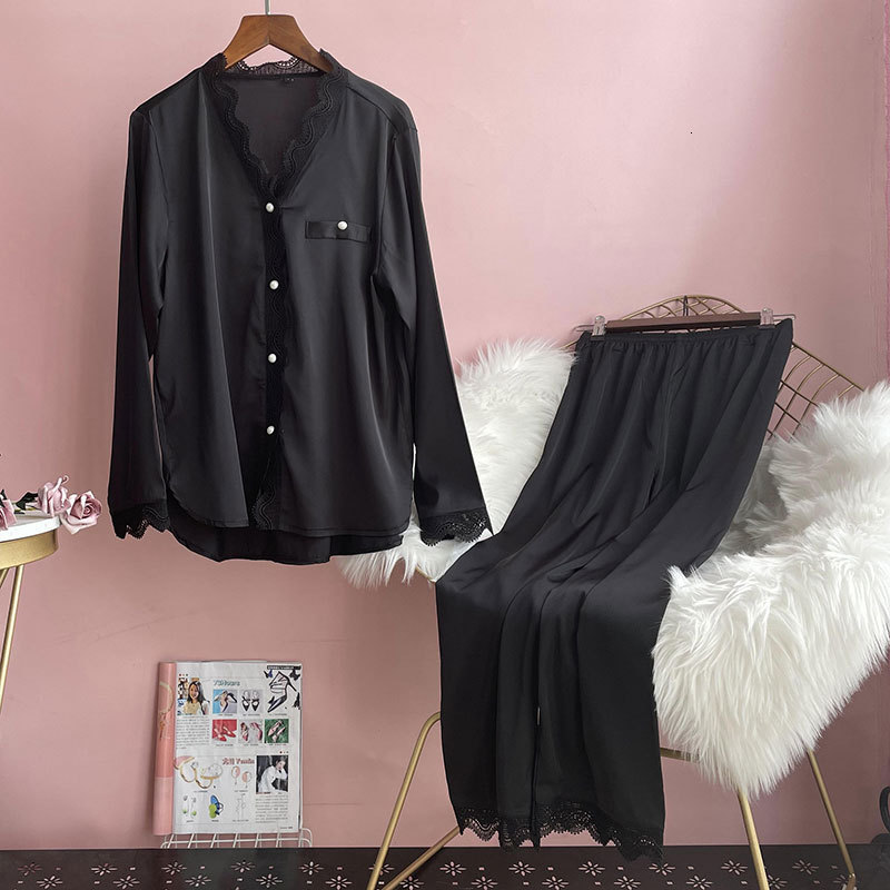 Women's Sleepwear Lisacmvpnel Spring Pajamas Women's Ice Silk Long Sleeve Solid Lace Suit Pyjamas 230309