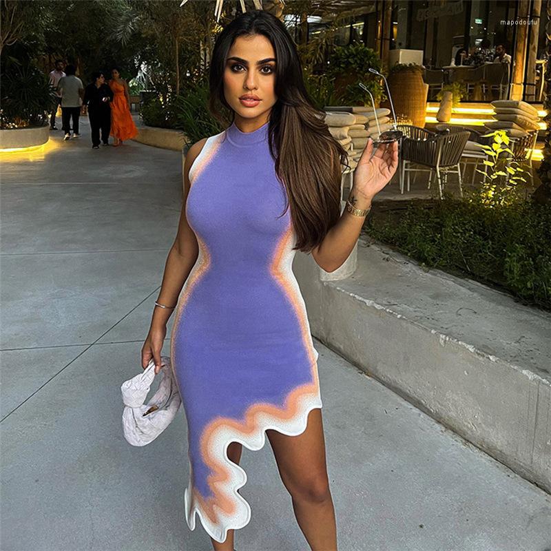 Casual Dresses Sexy Sleeveless Asymmetrical Purple Mini Dress Women Tie Dyed Print Party Tank Vestidos 2023 Summer Night Club Clothes