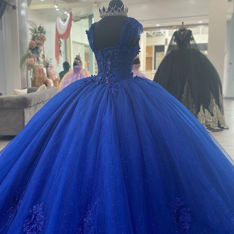 Blue Shiny Princess Quinceanera Dresses Off Shoulder Lace Appliques Crystal Beads Tull Ball Gown Sweet 16 Dress Vestidos De 15 Anos