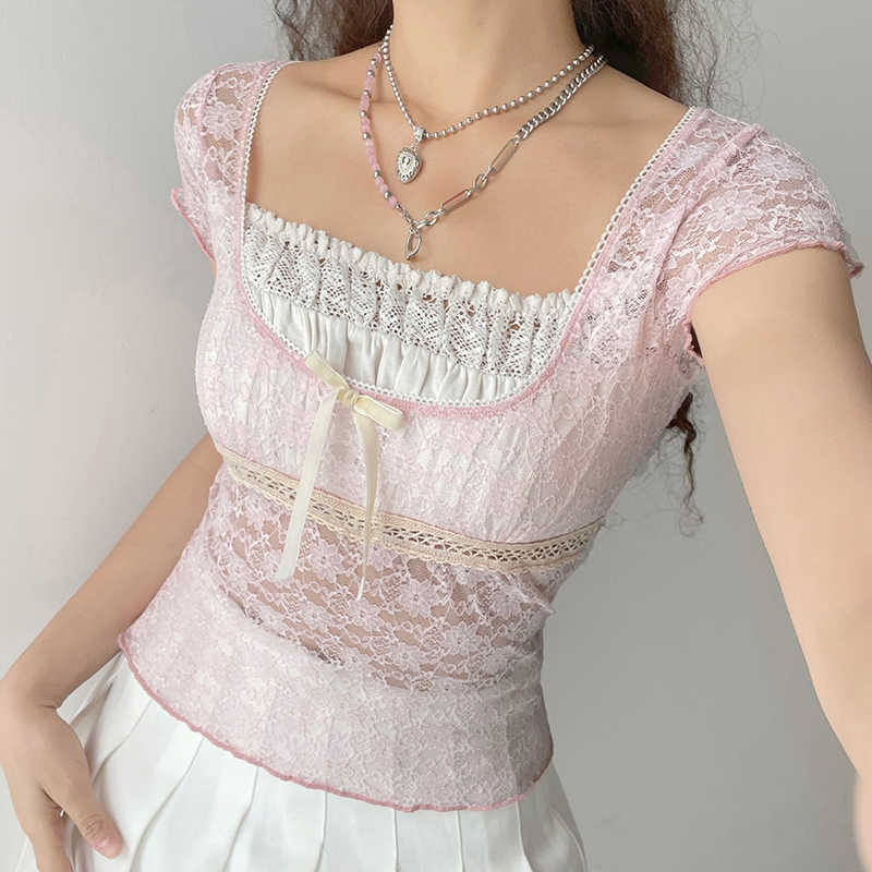 Women's Knits Tees Wome's Crop Top Summer Short Sleeve T-shirt Patchwork Transparent Lace Bow Decoration Clothes Tops Streetwear Y2k Summer 