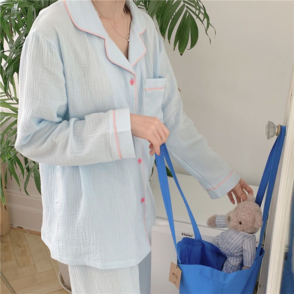 Women's Sleepwear 100%cotton Sweet Candy Color Gauze Cotton Solid Color Pajamas Set Long sleevePants Women Cute Homewear Casual Wear 230309
