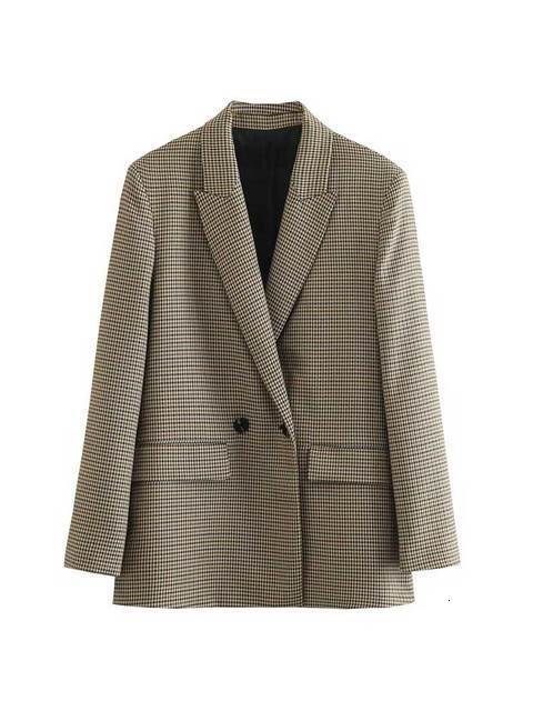 Women's Suits Blazers TRAF Women Fashion Plaid Double Breasted Blazer Coat Vintage Long Sleeve Flap Pockets Female Outerwear Chic Vestes Femme 23