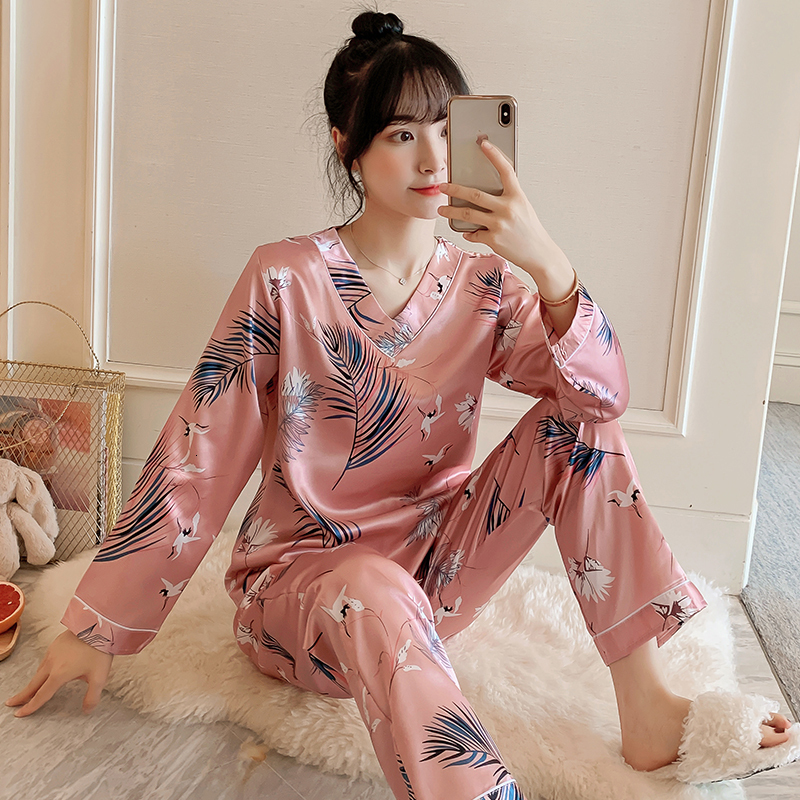 Women's Sleepwear Long Sleeve Silk Pajamas Sets For Women Autumn Satin Sleepwear Pyjamas Nightwear Set Young Girl Pijama Set femme V-neck homewea