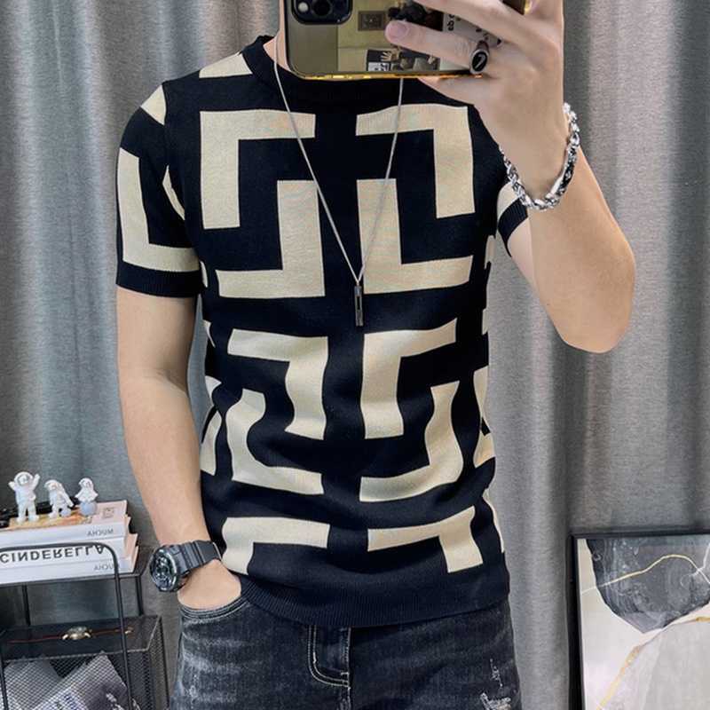 Men's T-Shirts 3 Color Short Sleeve Knitting T-Shirt Men Slim Streetwear Color Contrast T Shirt Men Tee Shirt Homme Social Club Outfits Tshirt G230309