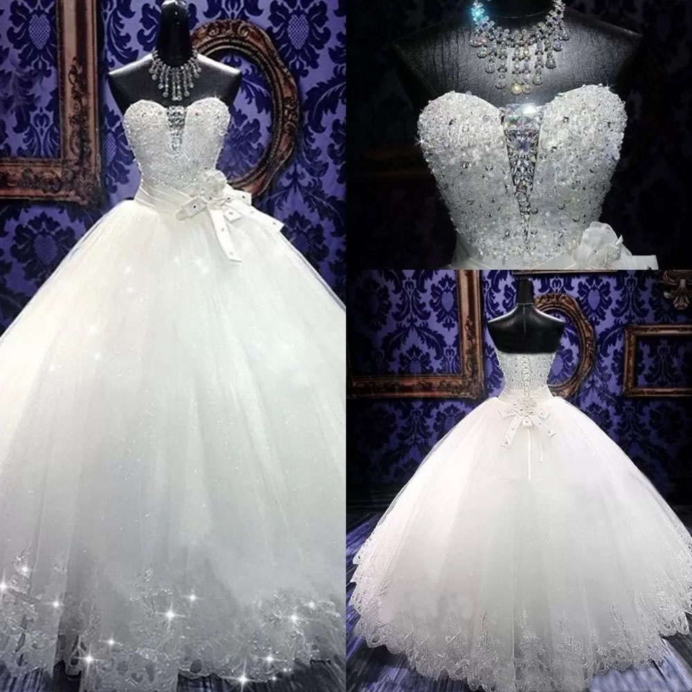 Wedding White Bridal Gowns Ivory A Line Applique New Custom Lace Up Zipper Dresses Wed Beaded Sweetheart Sleeveless NONE Train Crystal Tulle