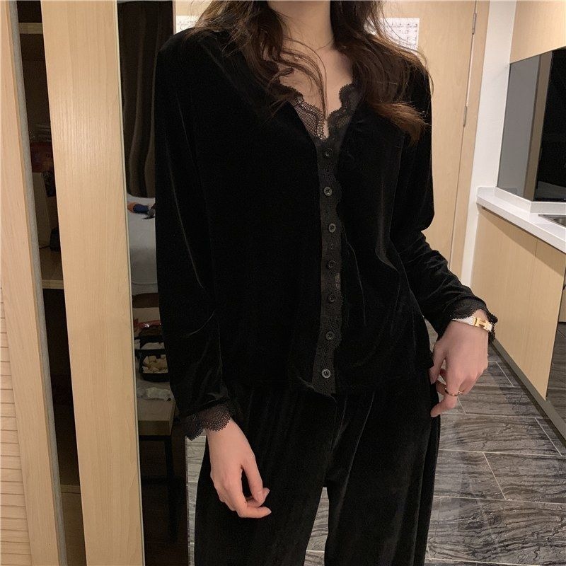 Women's Sleepwear Women Pajama Sets Pleuche Sexy Lace Retro Patchwork Elegant Sleep Wear Female Loose Soft Simple Long Sleeves Sleeping Clothes 2