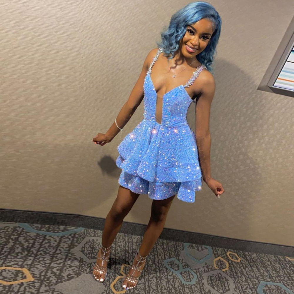 Glitter Blue A Line Homecoming Dresses Spaghetti Strap Tiere Prom Gown for Special Occasion Sequins Mini Club Wear