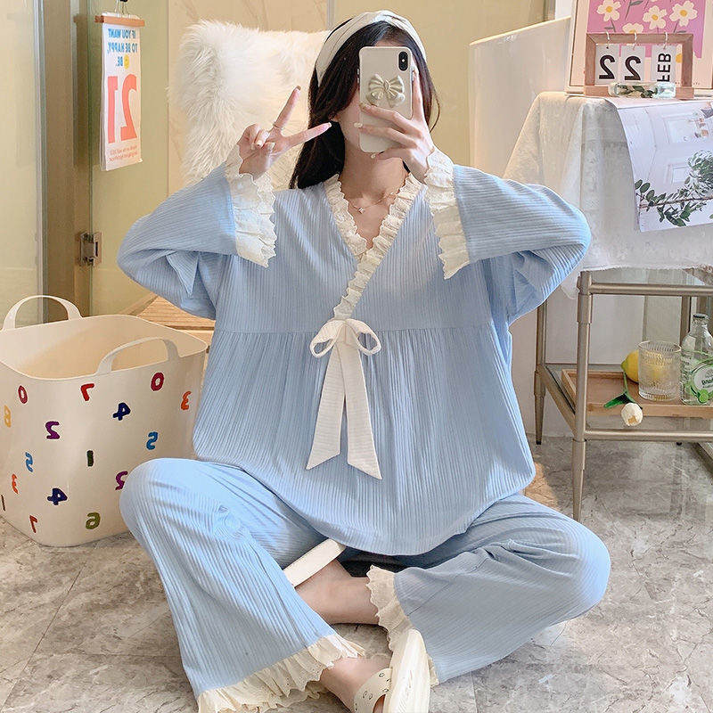 Women's Sleepwear Pajama Sets Women Sweet Girls Long Sleeve Lacework V-neck Pajamas Spring Fall Loose Cozy Kawaii Princess Retro Bowknot Female 2