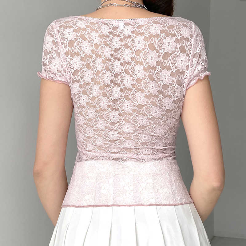 Women's Knits Tees Wome's Crop Top Summer Short Sleeve T-shirt Patchwork Transparent Lace Bow Decoration Clothes Tops Streetwear Y2k Summer 