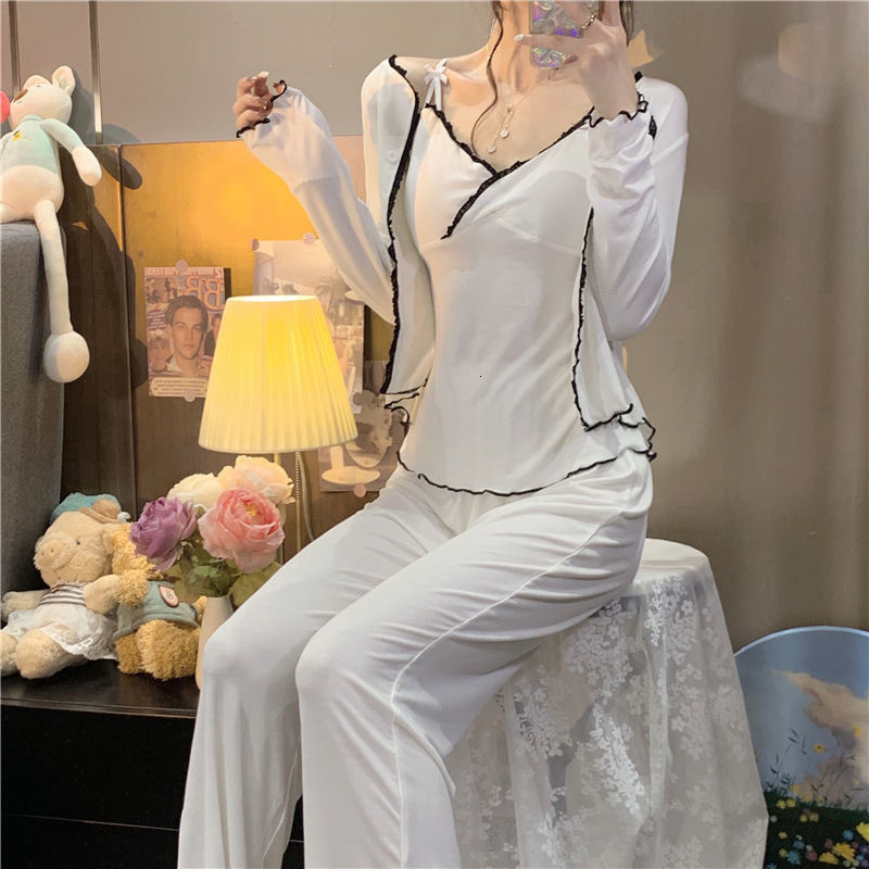 Women's Sleepwear Sexy Lace Spring Pajama 3 Piece Sets Women Plus Size M-3XL Chic Elegant Tender Patchwork Long Sleeve Pockets Sleepwear Soft 230