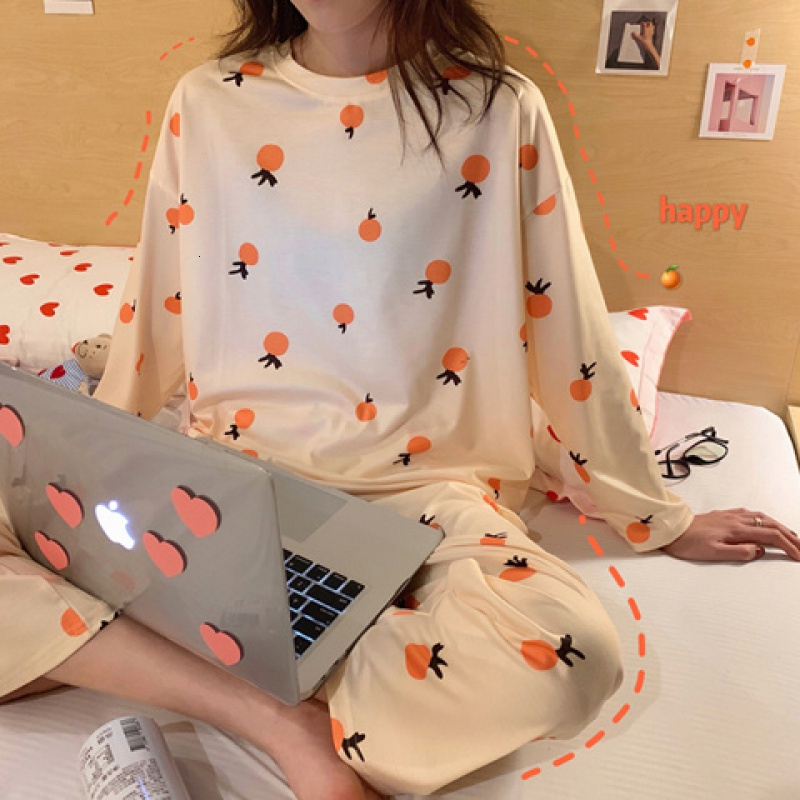 Women's Sleepwear Autumn Thin 2pieces Pyjamas Set Women Sleepwear Lovely Home Suits Round Neck Girls Teacup SleepwearLong Sleeve Pajamas 230309
