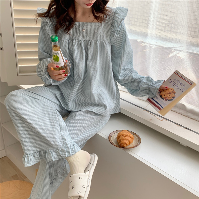 Women's Sleepwear Pajama Set Plaid Homewear Two Piece Set Women Sleepwear Long Sleeve Tops Pants Pyjama Loose Korean Ladies Home Suit Ruffles 230