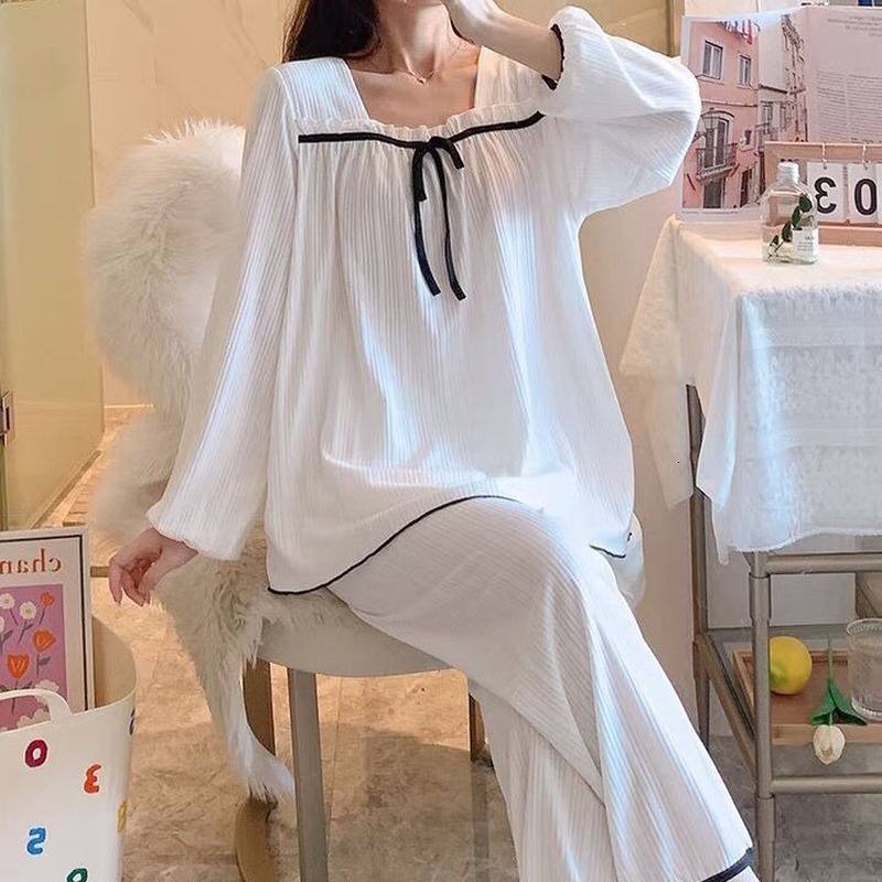 Women's Sleepwear Simple Long Sleeve Pajama Sets Women Square Collar Sweet Bow Sleepwear Comfort Loungewear Stylish Baggy Pyjamas 2 Pieces Casual