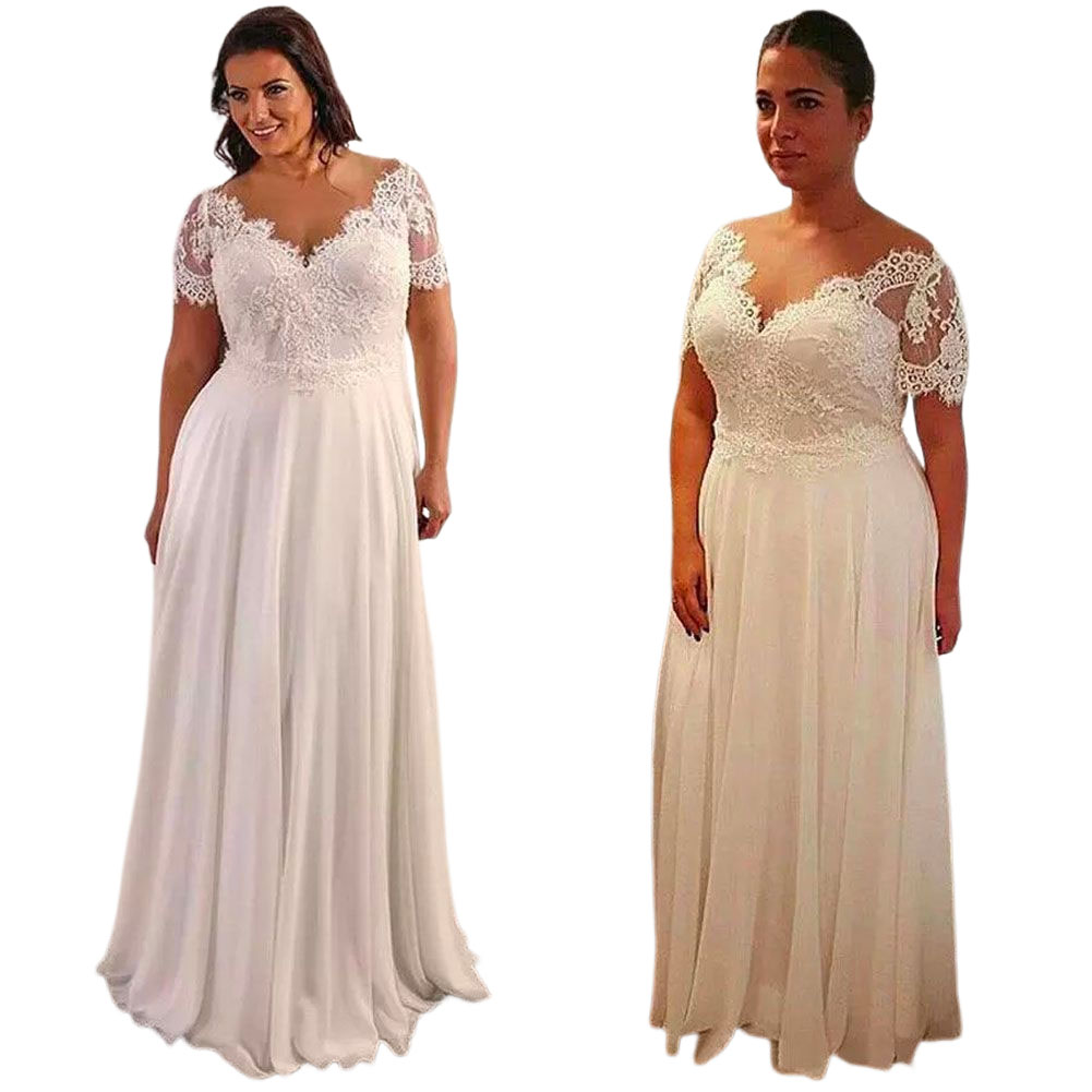 Ivory Wedding Dresses White Bridal Gowns A Line New Custom Lace Up Zipper V-Neck Lace With Short Sleeves NONE Train Chiffon Wed Dresses Wed