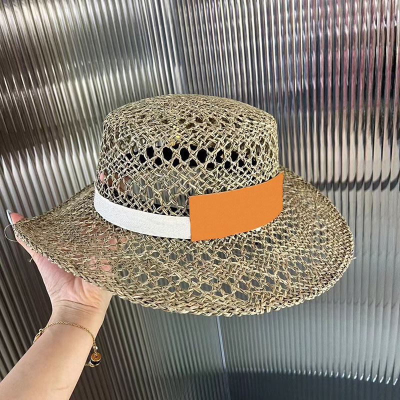 Hollow Ventilation Wide Brim Hats Bright Color Stitching White Ribbon Straw Hats Female Street Vacation Sun Protection Caps