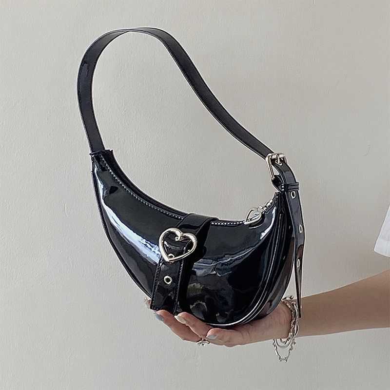 Shoulder Bags Moto Biker for Women Trendyol Heart Zipper Underarm Crescent Black Patent Leather Babes Coin Purse 230309
