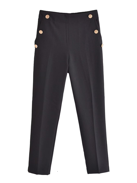 Women's Pants Capris Willshela Women Fashion With Button Solid Trousers Vintage High Elastic Waist Female Chic Lady Wide Leg Pants Mujer 230309