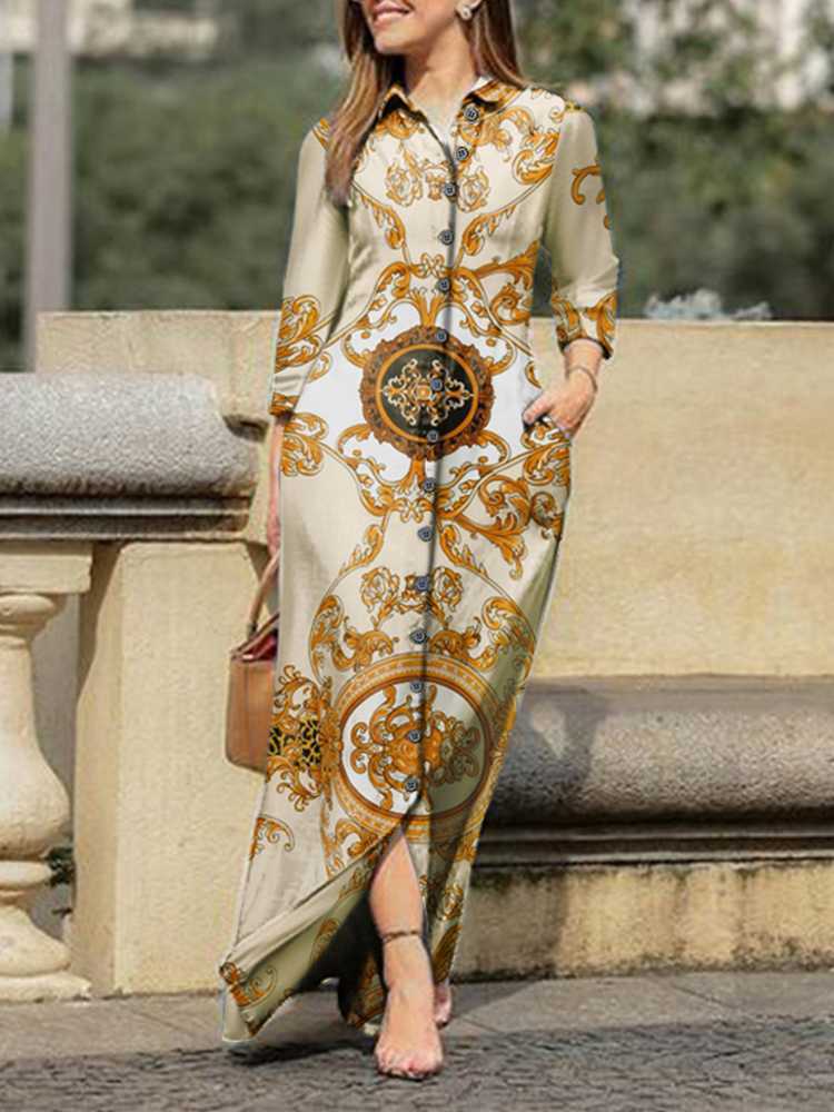 Casual Dresses VONDA Bohemian Shirt Dress Autumn Women Casual Turn Down Neck Vintage Printed Maxi Dresses Femme Sundress Party Vestidos 230309