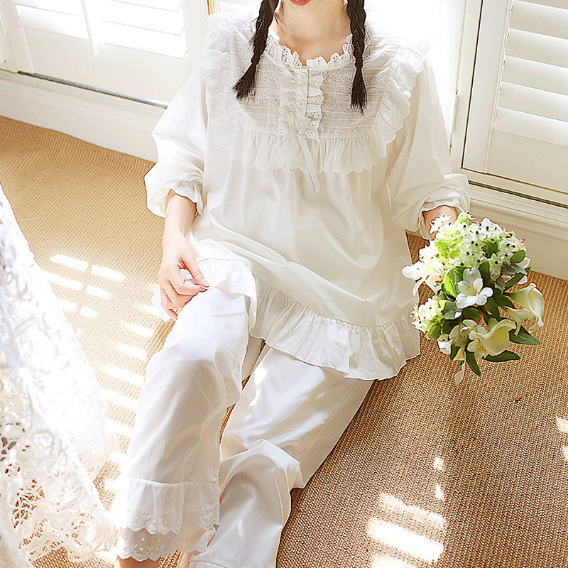 Women's Sleepwear Women Princess Long sleeve Lace Ruffle Pajama Sets TopsPants.Vintage Ladies Cotton Pyjamas Set Victorian Girl's Home Sleep