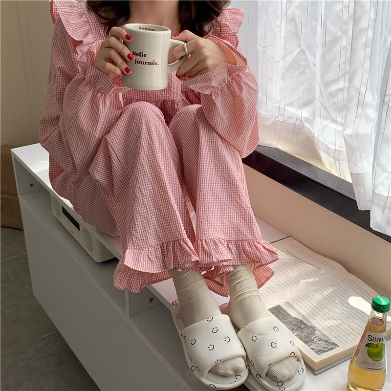Women's Sleepwear Pajama Set Plaid Homewear Two Piece Set Women Sleepwear Long Sleeve Tops Pants Pyjama Loose Korean Ladies Home Suit Ruffles 230