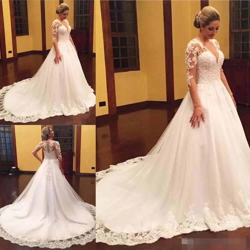 Wedding Dresses New Bridal Gowns A Line Applique Tulle Ivory White Custom Plus Size Wed Dresses Wed V-Neck Long Sleeve Illusion Zipper