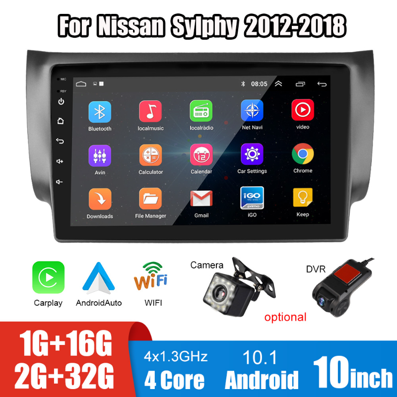 10 inch Screen Car DVD Audio Radio Android Carplay MP5 Player GPS Stereo Bluetooth WiFi Camera DVR For Nissan Sylphy 2012-2018