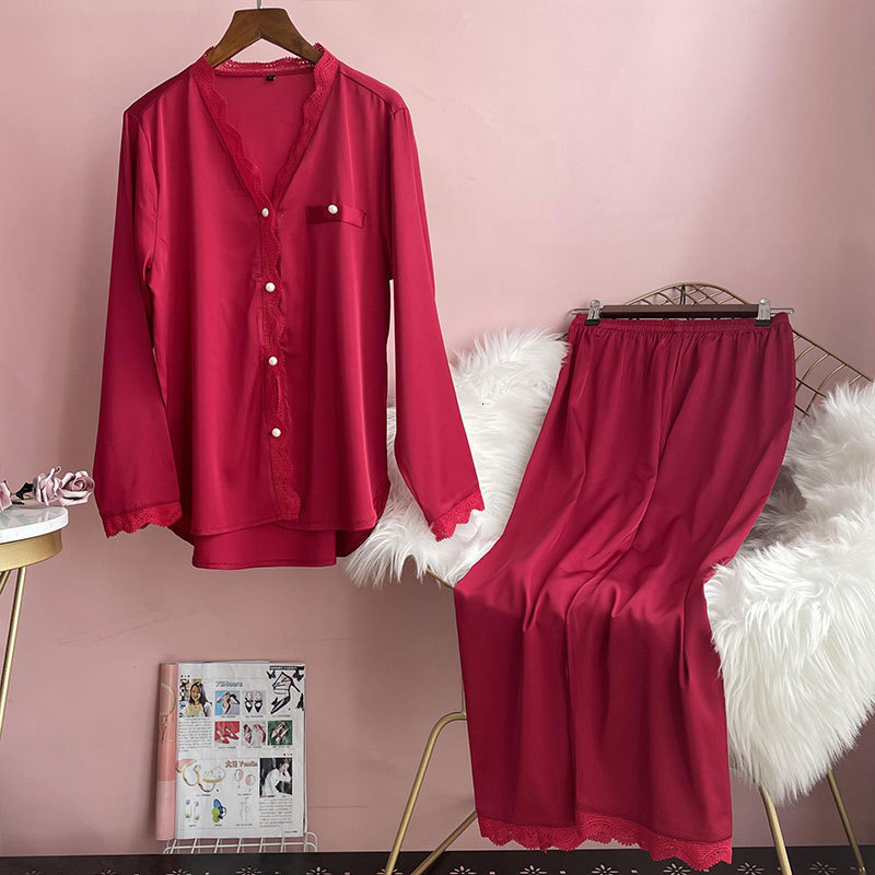 Women's Sleepwear Lisacmvpnel Spring Pajamas Women's Ice Silk Long Sleeve Solid Lace Suit Pyjamas 230309