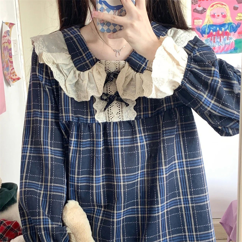 Women's Sleepwear Plaid Pajamas Set Cute Sleepwear For Women Soft Pyjama Women's Fashion Full-sleeve Princess Lace Homewear Plus Size 230309