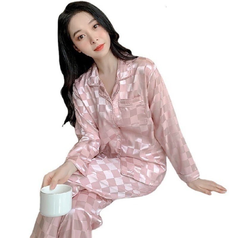 Women's Sleepwear Pink Plaid Pajamas Ladies Summer Large Size Spring and Autumn Long Sleeve Thin Ice Silk Homewear Set 230309