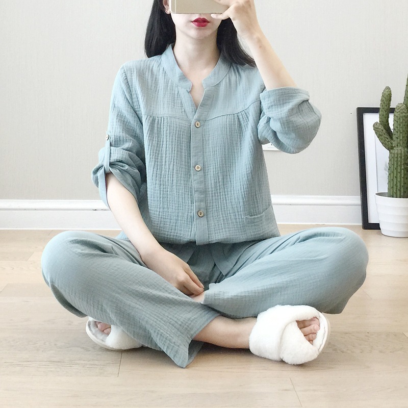 Women's Sleepwear Spring / Autumn Women's Pajamas Loose Long Sleeve Trouser Suits Thin Cotton Crepe Home Clothes Solid Sleepwear 2 Piece Set