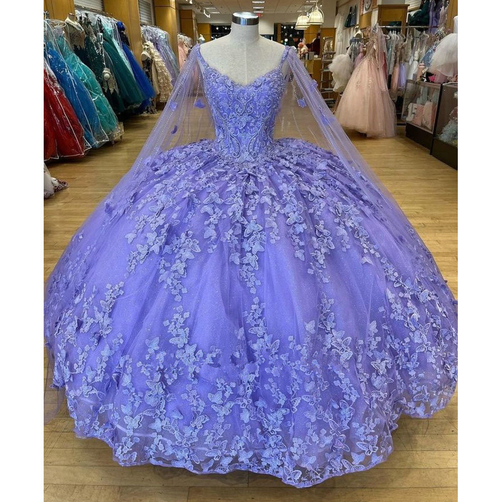 lavender Lilac 3D Butterfly princess Quinceanera Dresses With Cape Appliques Crystal lace-up Corset Vestidos De Quinceanera