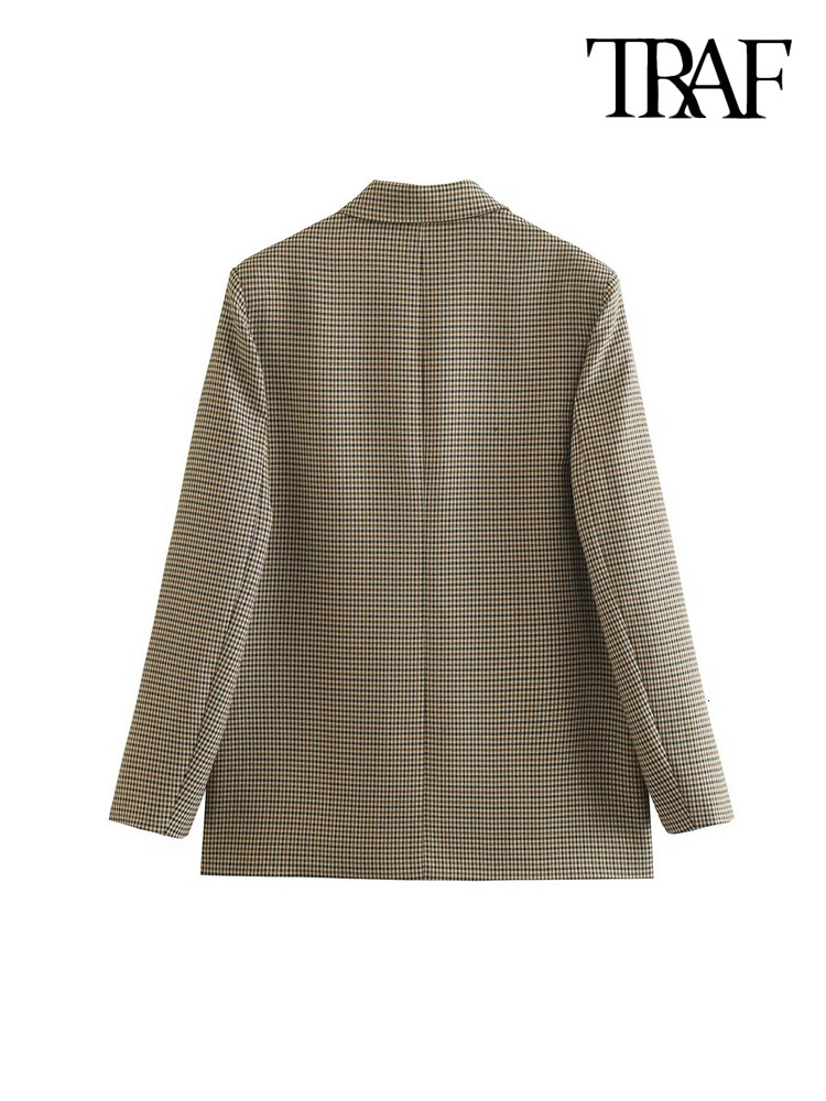 Women's Suits Blazers TRAF Women Fashion Plaid Double Breasted Blazer Coat Vintage Long Sleeve Flap Pockets Female Outerwear Chic Vestes Femme 23