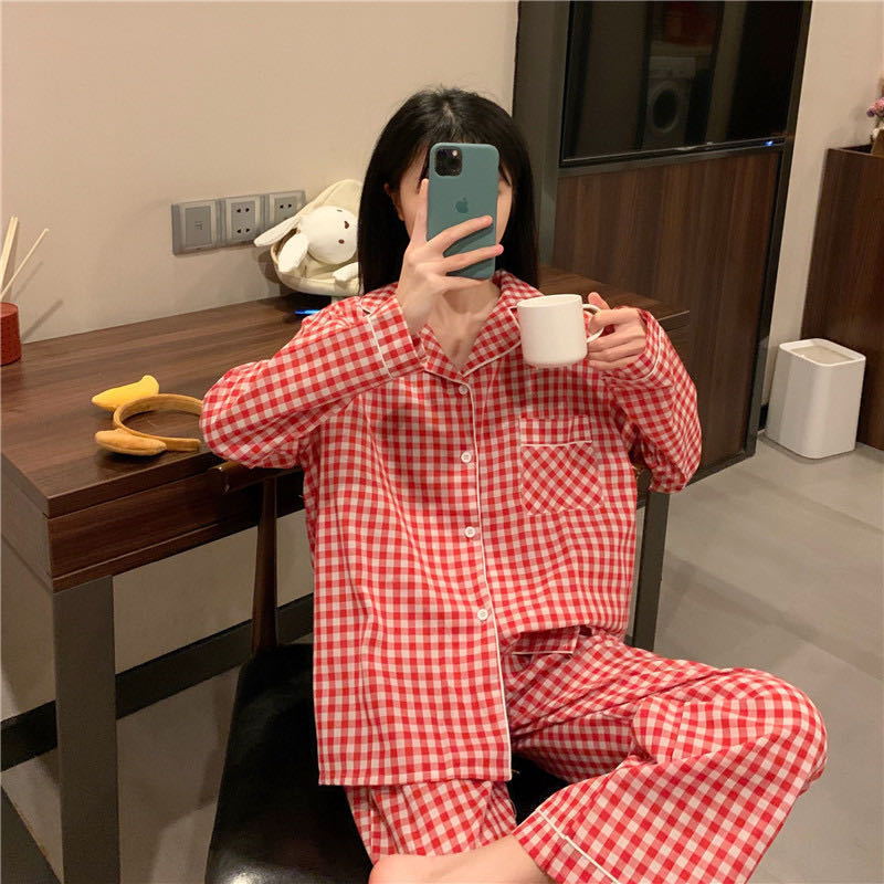 Women's Sleepwear Women Pajama Sets Plaid Button-up Turn-down Collar Long Sleeve Sleep Wear Pockets Simple Japanese Style Students Pajamas Spring