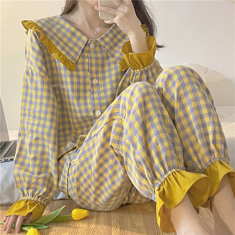 Women's Sleepwear Sweet Plaid Pajama Sets Women Long Sleeve Button Top Elastic Waist Pants Loose Lounge Homewear Cute Autumn Ruffles Pajamas 2pcs