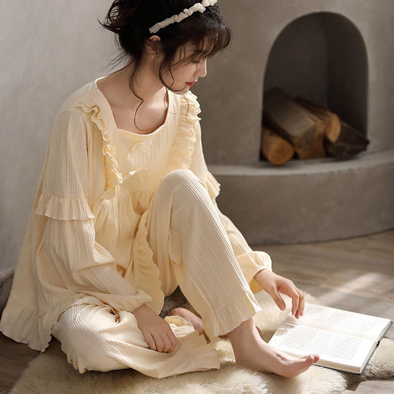 Women's Sleepwear Pajama Sets Women Pure Color Female Fashion Sweet Style Preppy Simple Sleepwear Autumn Basic Lovely Homewear Long Sleeve Mujer 