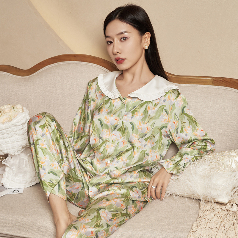 Women's Sleepwear CRLAYDK 2 Pieces Women Pajamas Ruffle Collar Tulips Floral Printed Loungewear Set Silk Soft Sleepwear Button Down Long Nightwea