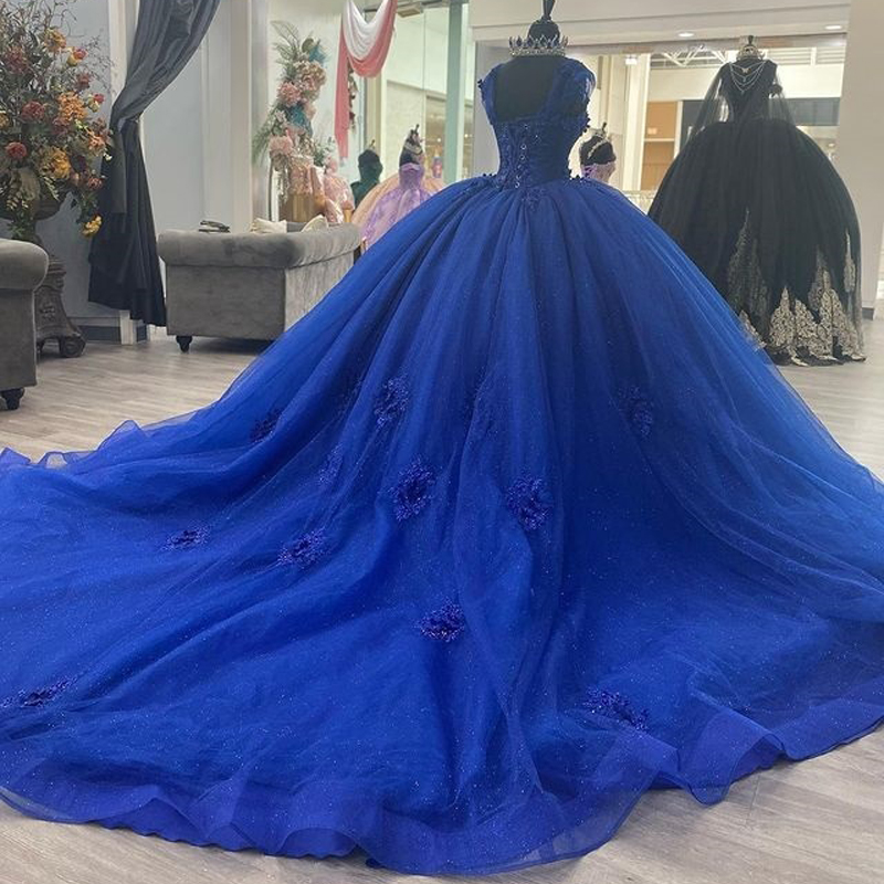 Blue Shiny Princess Quinceanera Dresses Off Shoulder Lace Appliques Crystal Beads Tull Ball Gown Sweet 16 Dress Vestidos De 15 Anos