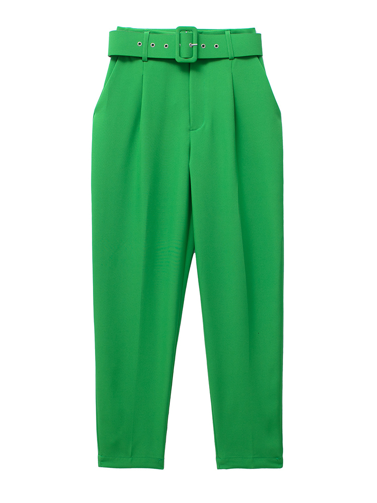 Women's Pants Capris TRAF Green High Waist Pants for Women White Belt Office Woman Pants Summer Straight Pants Women Black Streetwear Woman Trous